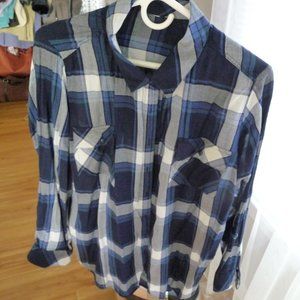 BOHEMIAN  HIPPIE women's cotton navy white plaid button down shirt size XXL